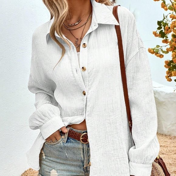 White Boho Womens Drop Shoulder Button Front Shirt - Picture 1 of 5